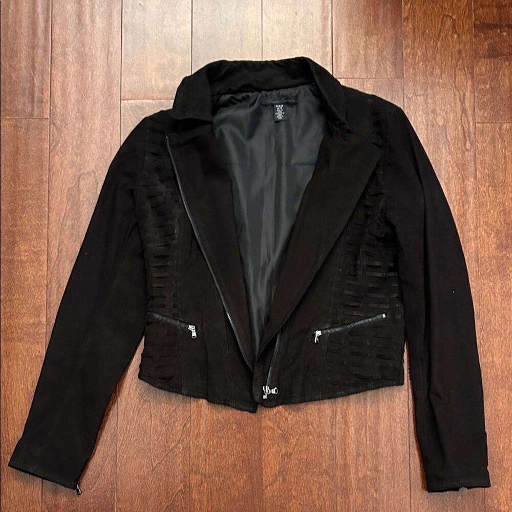 Kenneth Cole Women’s Suede Leather Moto Jacket with Strapping Details, Size M